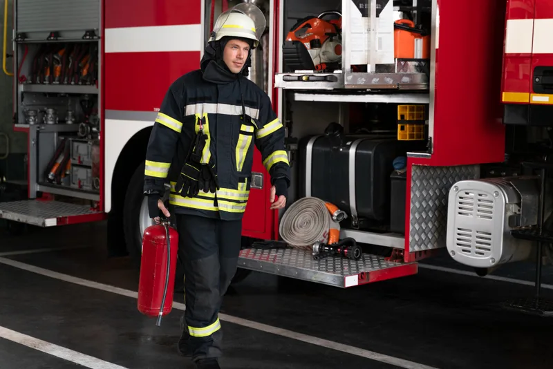 Texas fire extinguisher supplier showroom with selection of certified red extinguishers