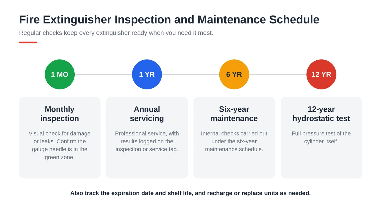 Fire extinguisher inspection and maintenance schedule: monthly checks, annual servicing, six-year and 12-year tests.